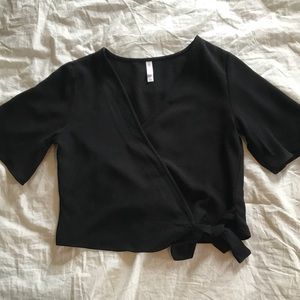Black short sleeve wrap top